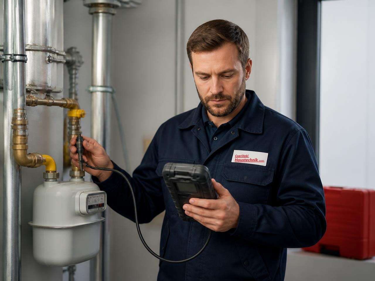 Fachkraft prüft eine Gasinstallation mit einem Messgerät (Visualisierung)